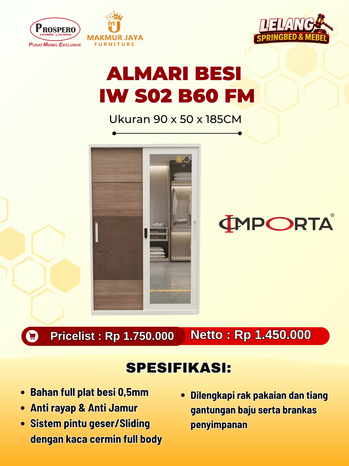 Almari pakaian besi IMPORTA Okelo IW S02 B60 FM 90cm