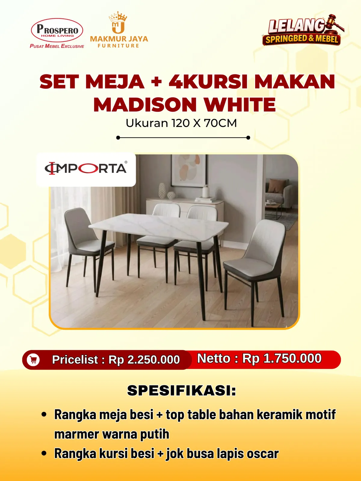 Meja makan + 4 kursi makan IMPORTA madirose white grey