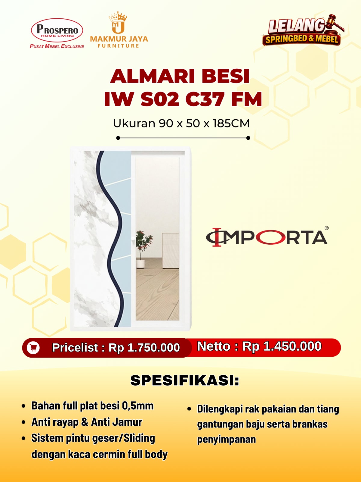 Almari pakaian besi IMPORTA Okelo IW S-02 C37 FM 90cm